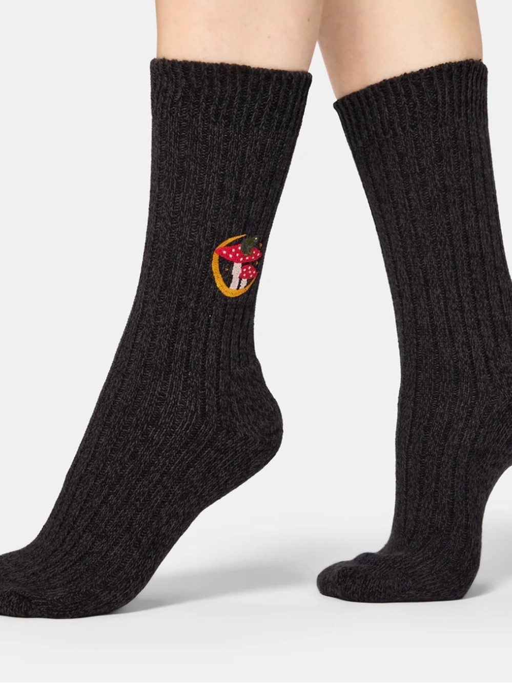 Disturbia Black Ribbed Crew Socks with Embroidered Mushroom Patch